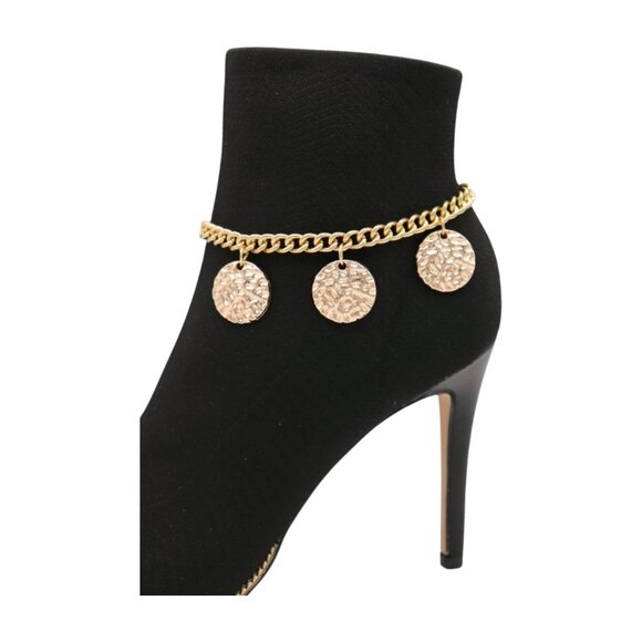NEW Women Gold Metal Western Boot Chain Bracelet Anklet Shoe 3 Circles Charm SET - Picture 1 of 17